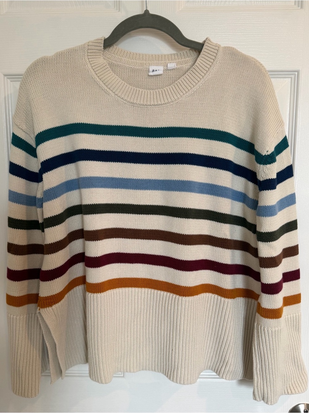 Striped Crewneck Sweater in Cream with Multi-Color Stripes